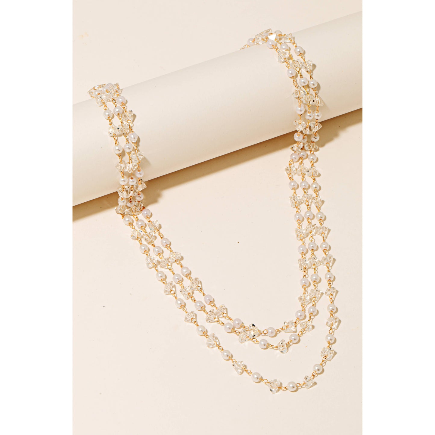 Pearl And Rhinestone Layered Chains Necklace