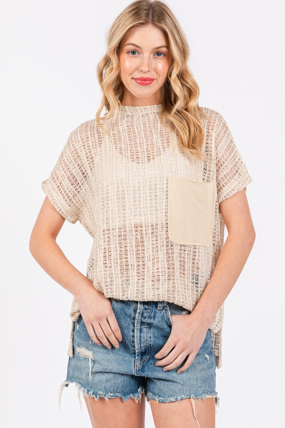 Bay Breeze Crochet Mock Neck Top