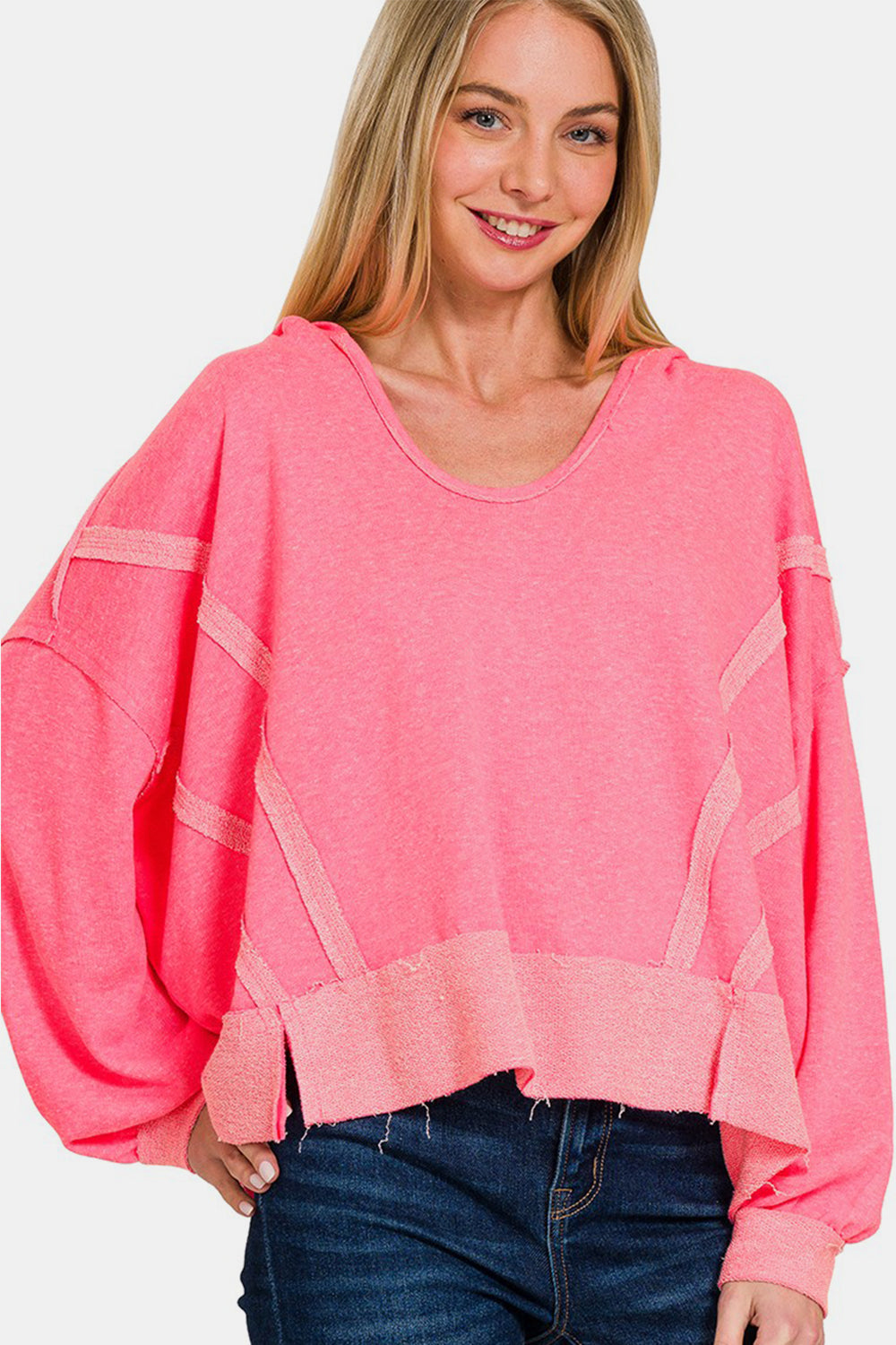 Hot Pink Contrast Trim Slit Hoodie