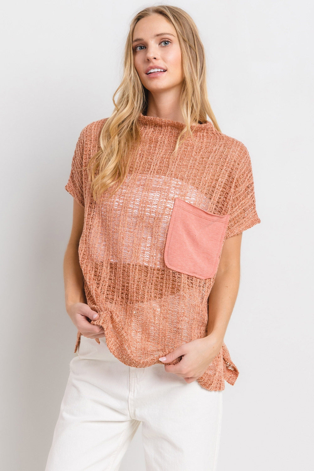 Bay Breeze Crochet Mock Neck Top