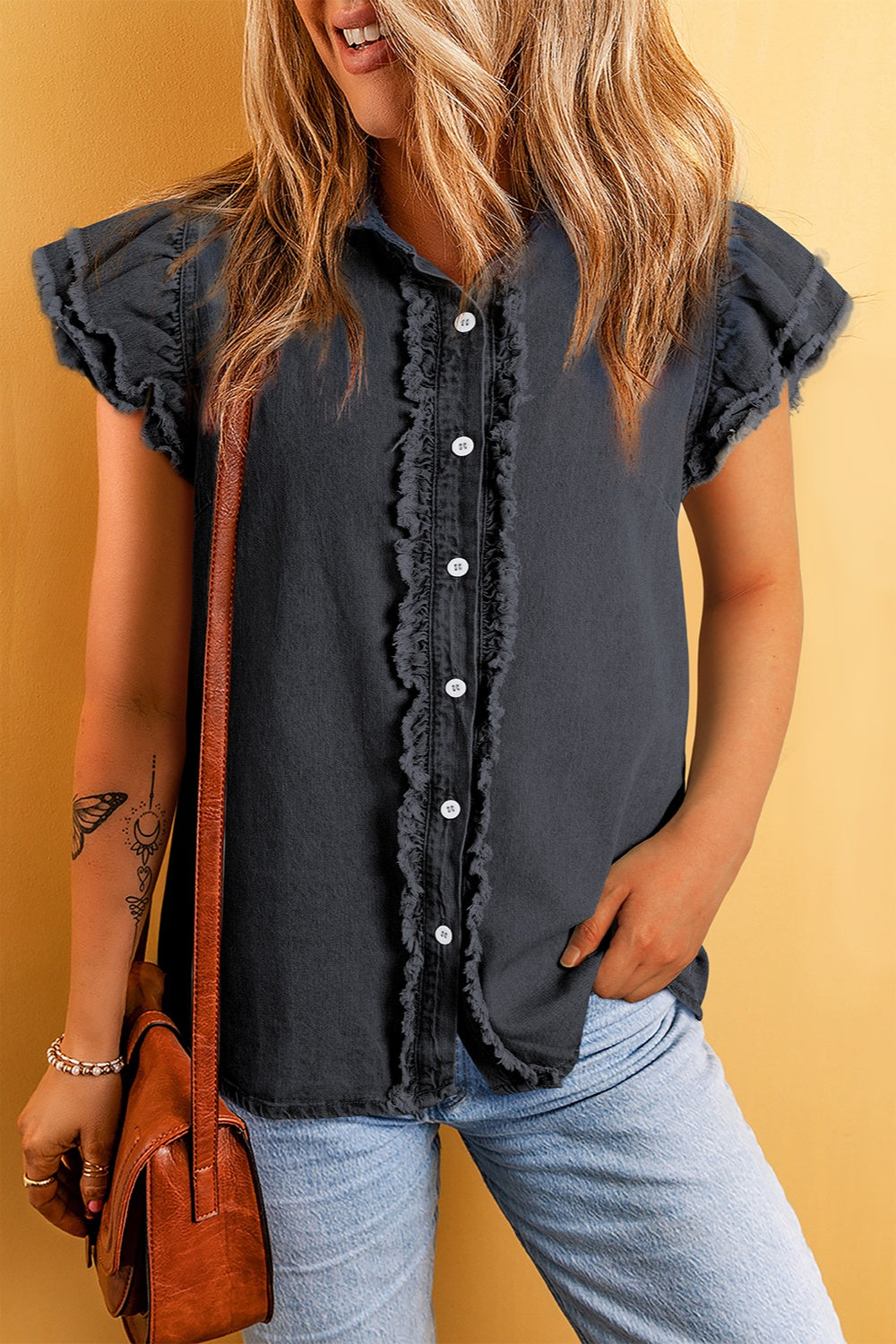 Raw Hem Button Up Cap Sleeve Denim Top - 3 colors