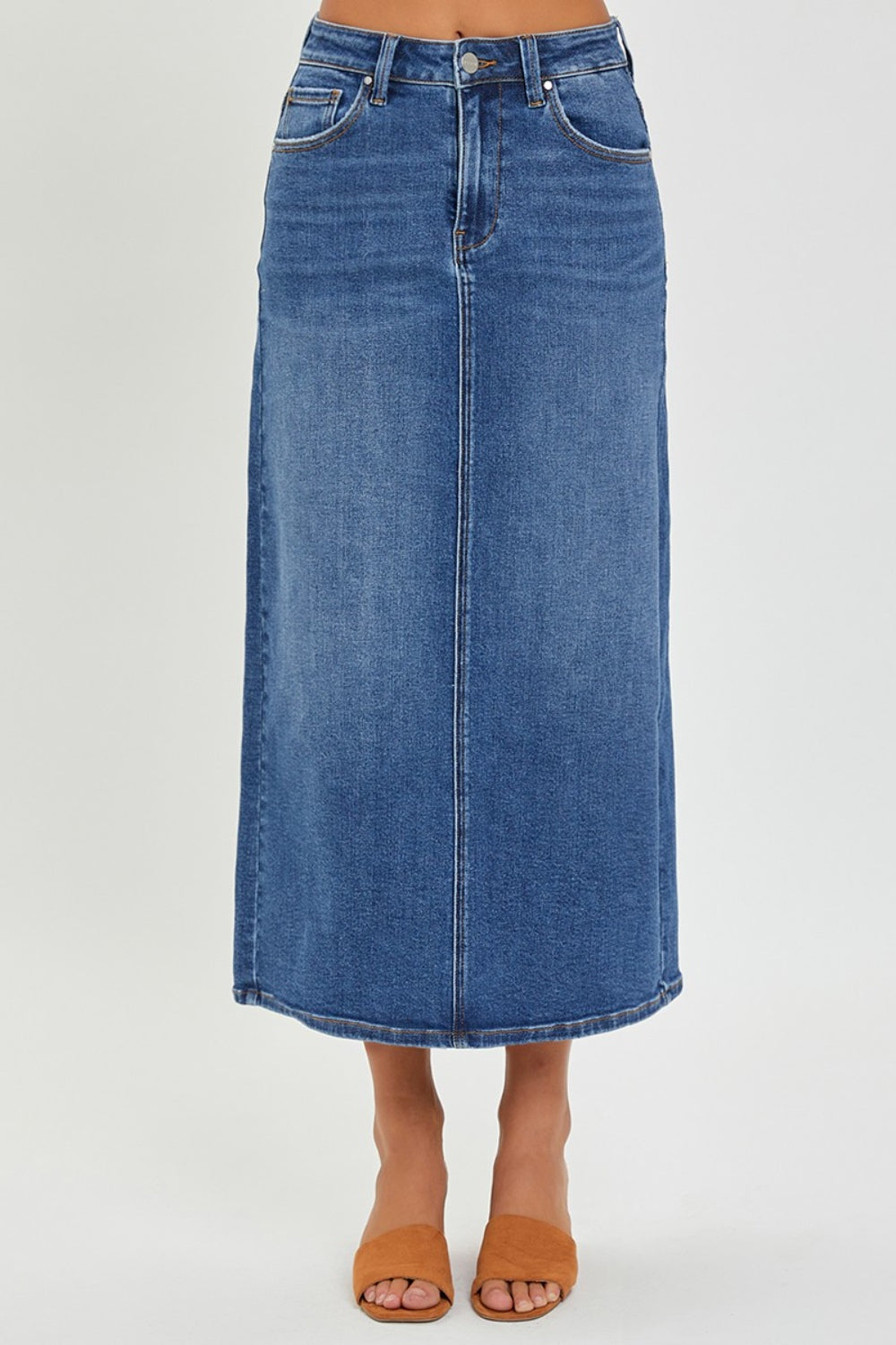 Risen High Rise Back Slit Denim Skirt