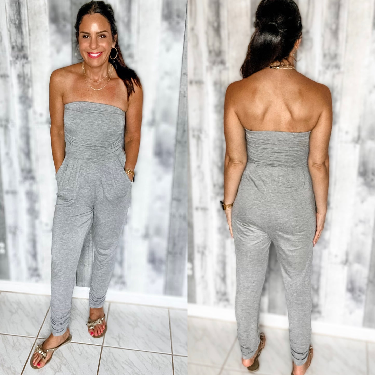 FAVORITE DATE STRAPLESS RUCHED JUMPSUIT