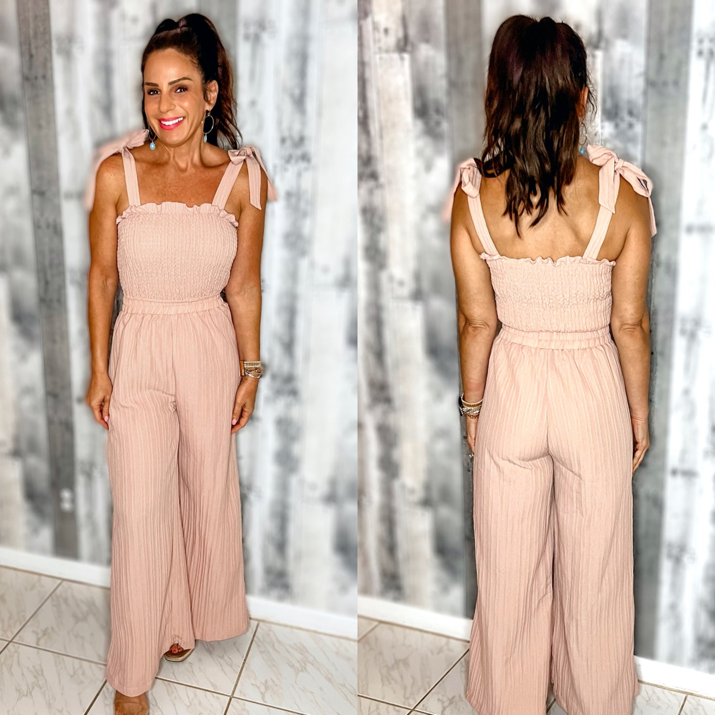 Camille Tie Shoulder Smocked Crop Top and Wide Leg Pants Set