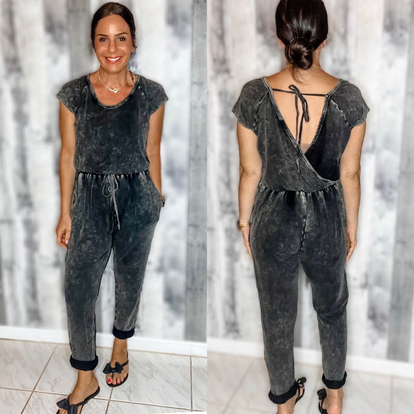 Charcoal Mineral Wash Open-Back Jogger Jumpsuit