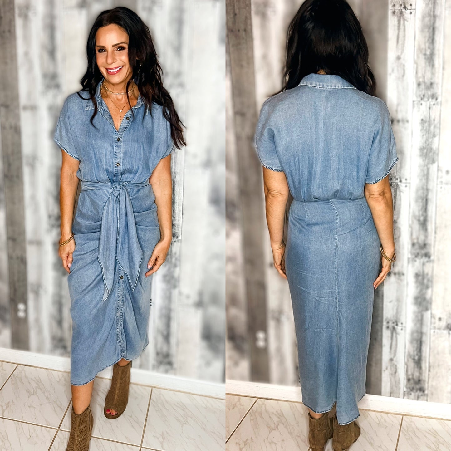 Evie Ruched Chambray Midi Dress