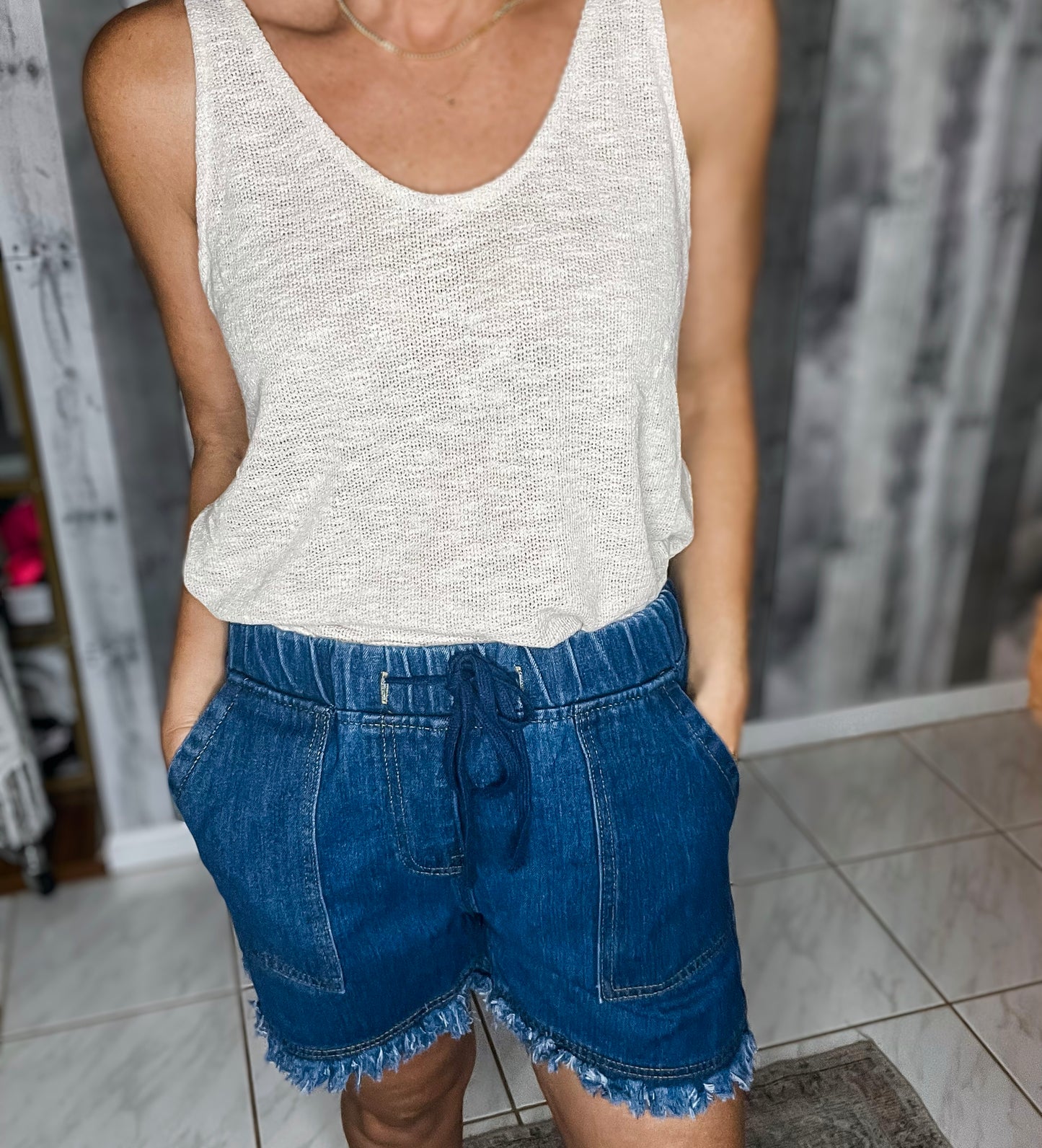 Drawstring Raw Hem Denim Shorts