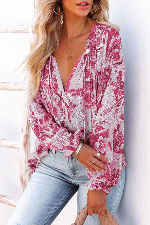 Burke Floral Tie Neck Flounce Sleeve Blouse