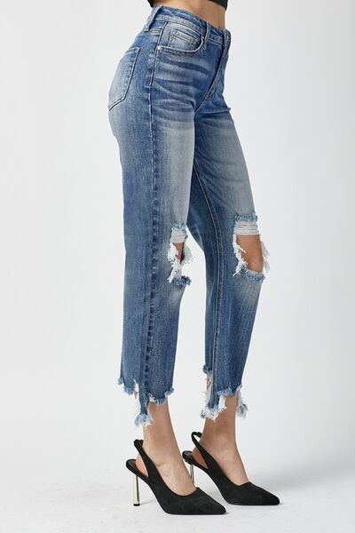 Risen High Waist Distressed Frayed Hem Cropped Straight Jeans