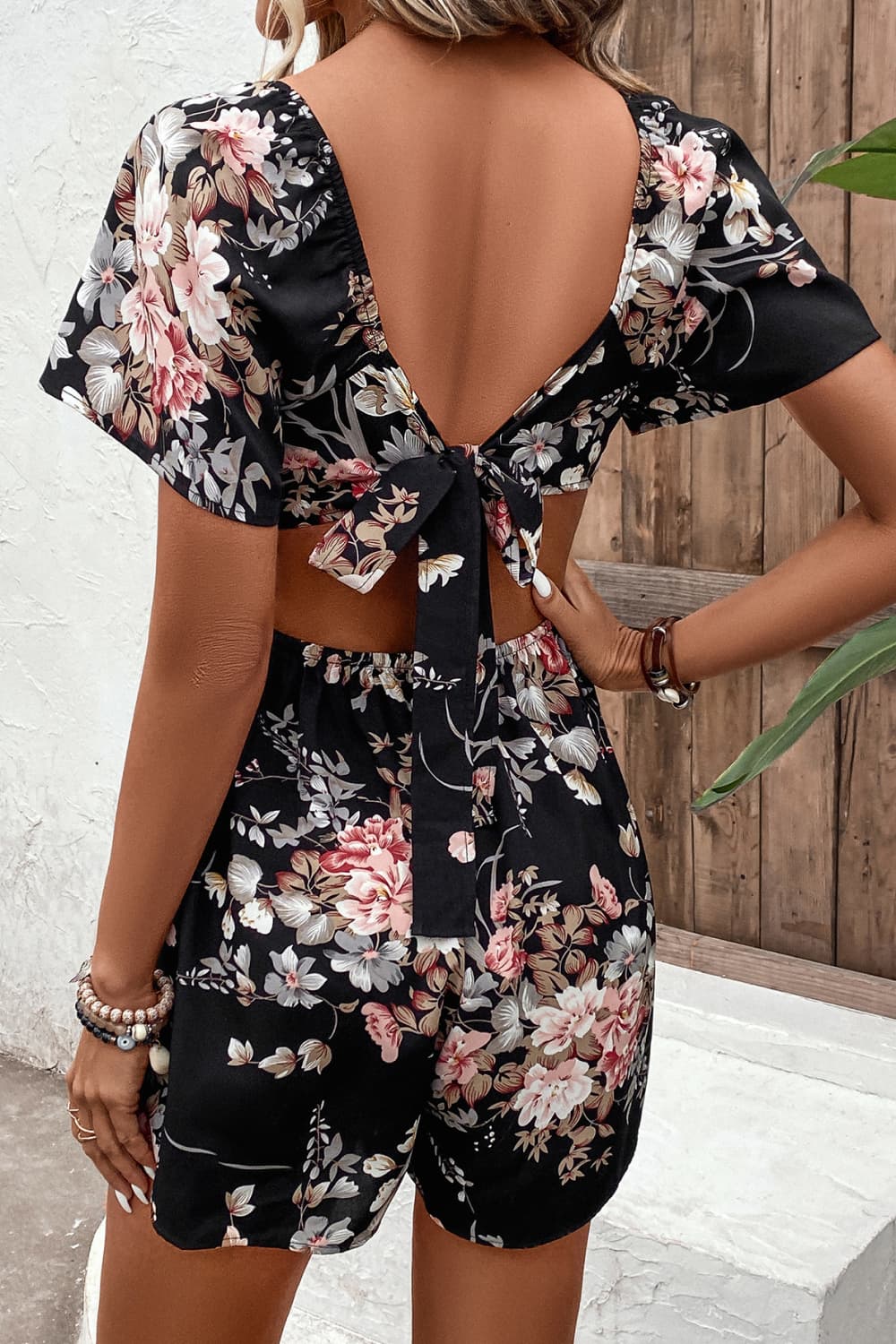 Heather Floral Cutout Tie Back Romper