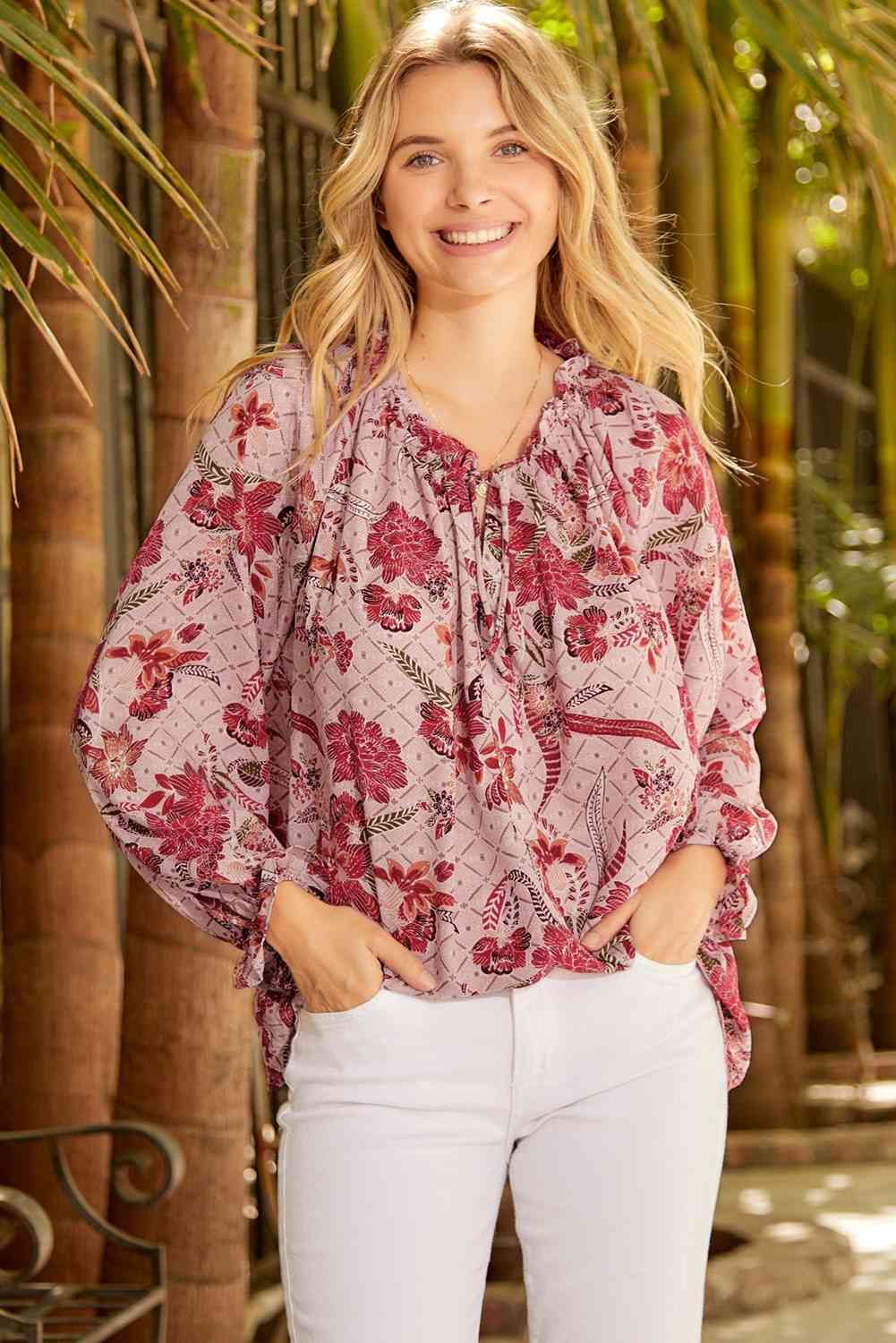 Burke Floral Tie Neck Flounce Sleeve Blouse