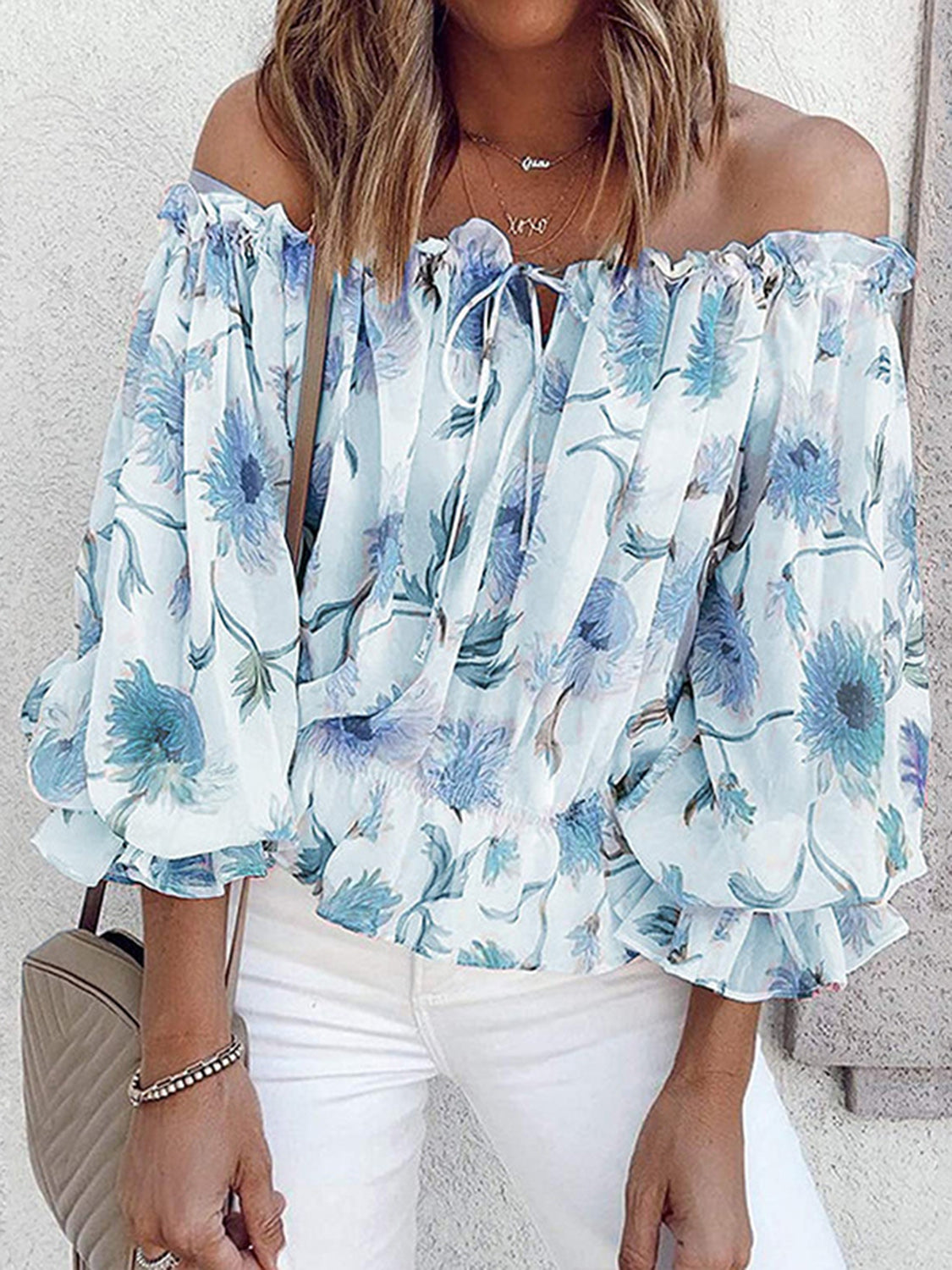 Celine Off-Shoulder Flounce Sleeve Blouse