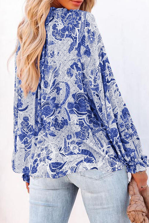 Burke Floral Tie Neck Flounce Sleeve Blouse