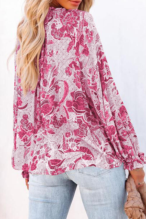 Burke Floral Tie Neck Flounce Sleeve Blouse