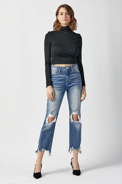 Risen High Waist Distressed Frayed Hem Cropped Straight Jeans