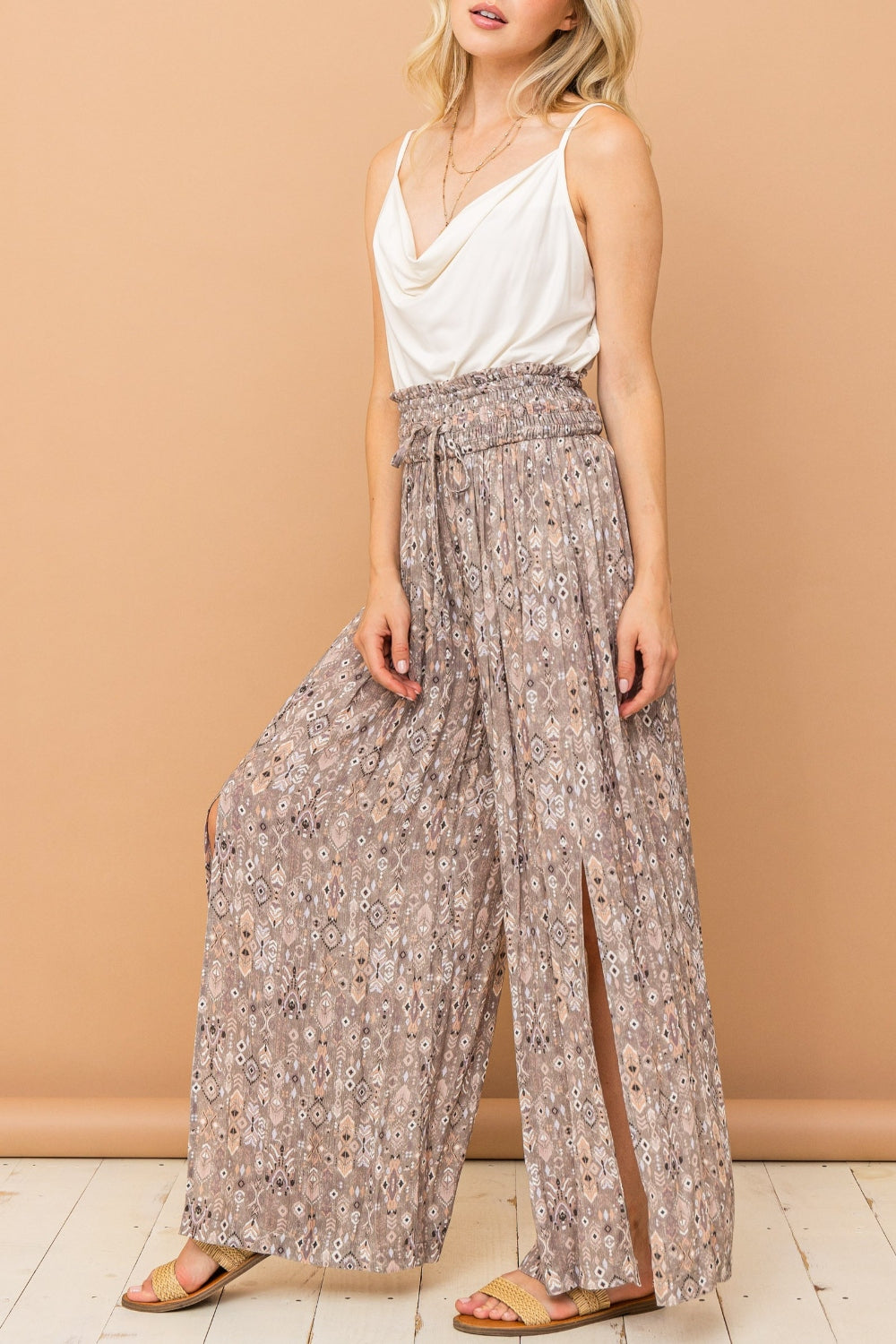 Delaney Smocked Waist Slit Wide Leg Pants