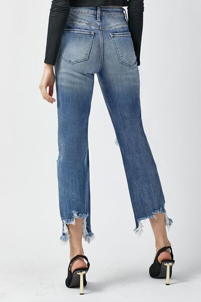 Risen High Waist Distressed Frayed Hem Cropped Straight Jeans