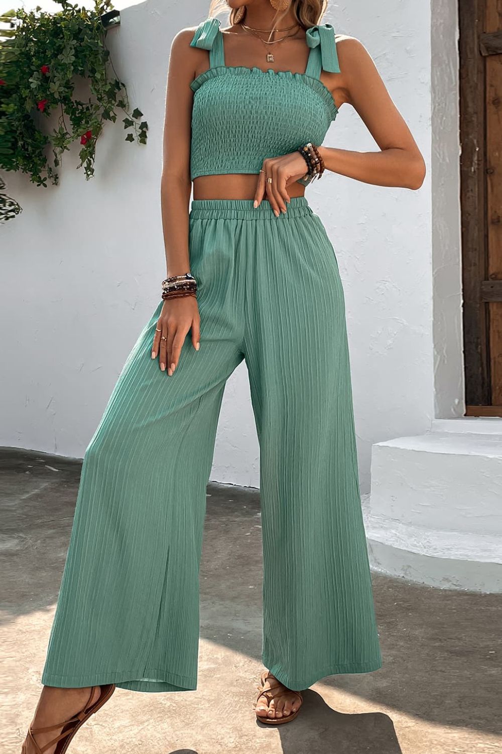 Camille Tie Shoulder Smocked Crop Top and Wide Leg Pants Set