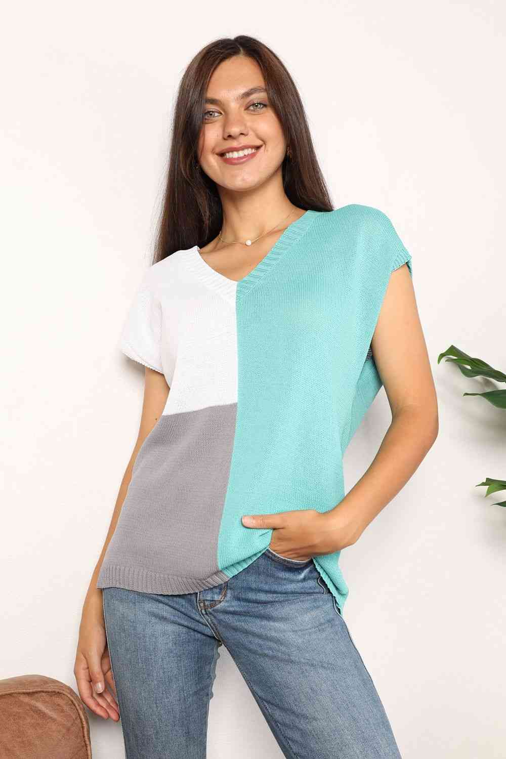 Shannon Color Block V-Neck Knit Top