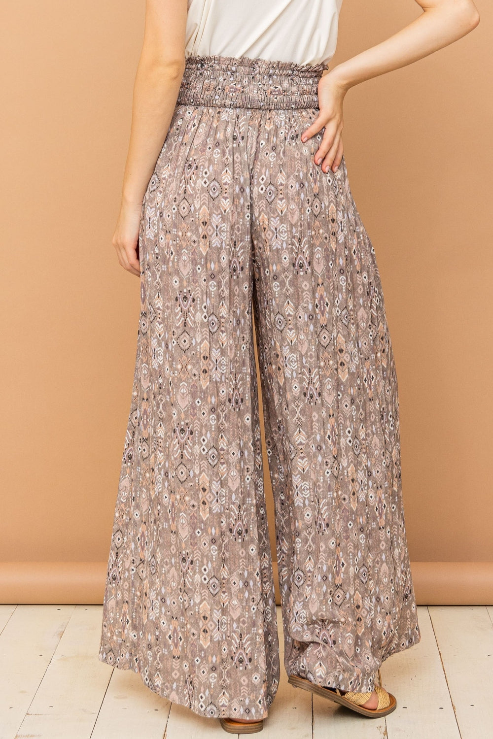 Delaney Smocked Waist Slit Wide Leg Pants