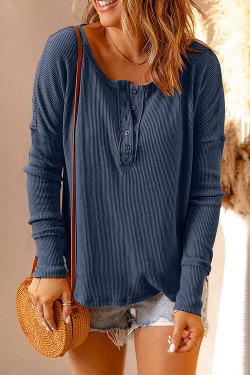 Winnie Waffle Knit Henley Long Sleeve Top