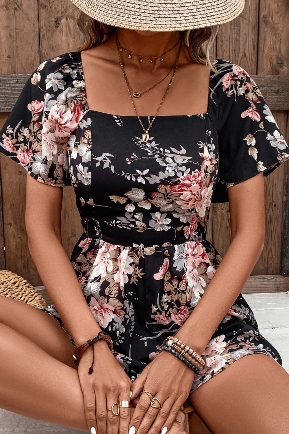 Heather Floral Cutout Tie Back Romper