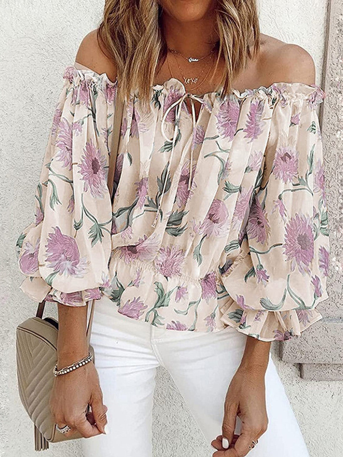 Celine Off-Shoulder Flounce Sleeve Blouse