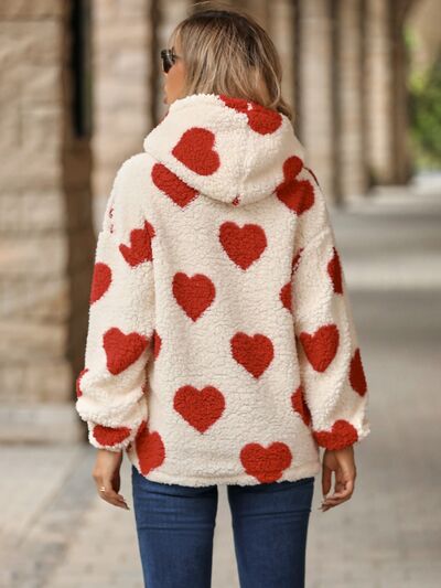 Fuzzy Heart Pocketed Dropped Shoulder Hoodie - 3 colors