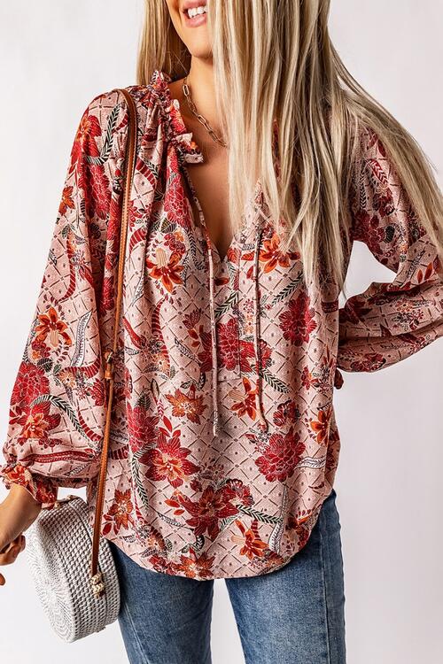 Burke Floral Tie Neck Flounce Sleeve Blouse