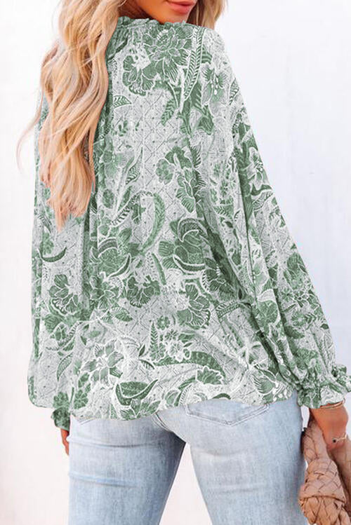 Burke Floral Tie Neck Flounce Sleeve Blouse