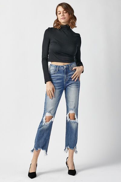 Risen High Waist Distressed Frayed Hem Cropped Straight Jeans