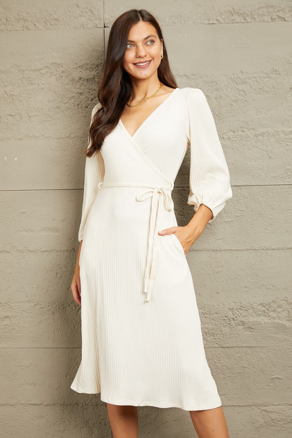 Elly Surplice Flare Ruching Dress - ivory