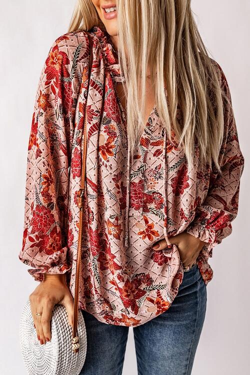 Burke Floral Tie Neck Flounce Sleeve Blouse