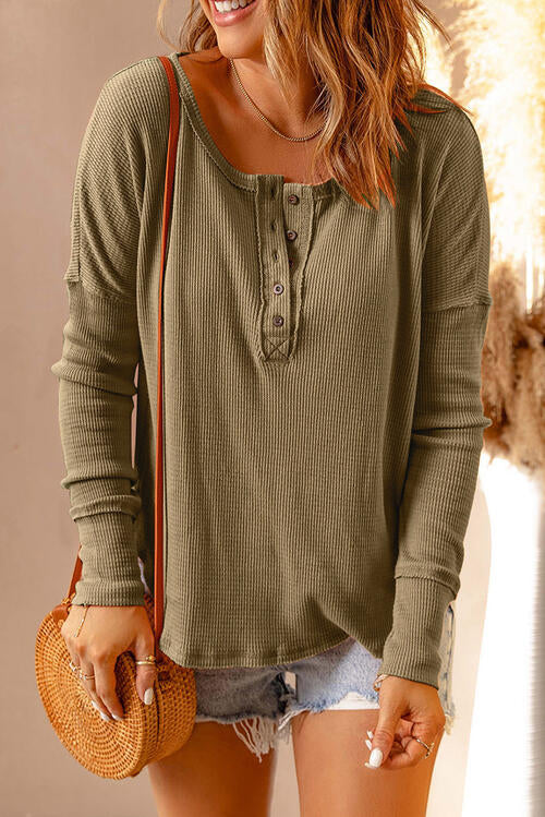 Winnie Waffle Knit Henley Long Sleeve Top