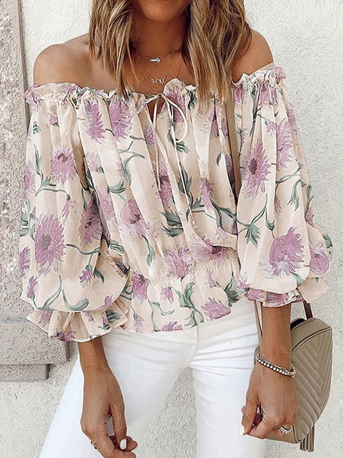 Celine Off-Shoulder Flounce Sleeve Blouse