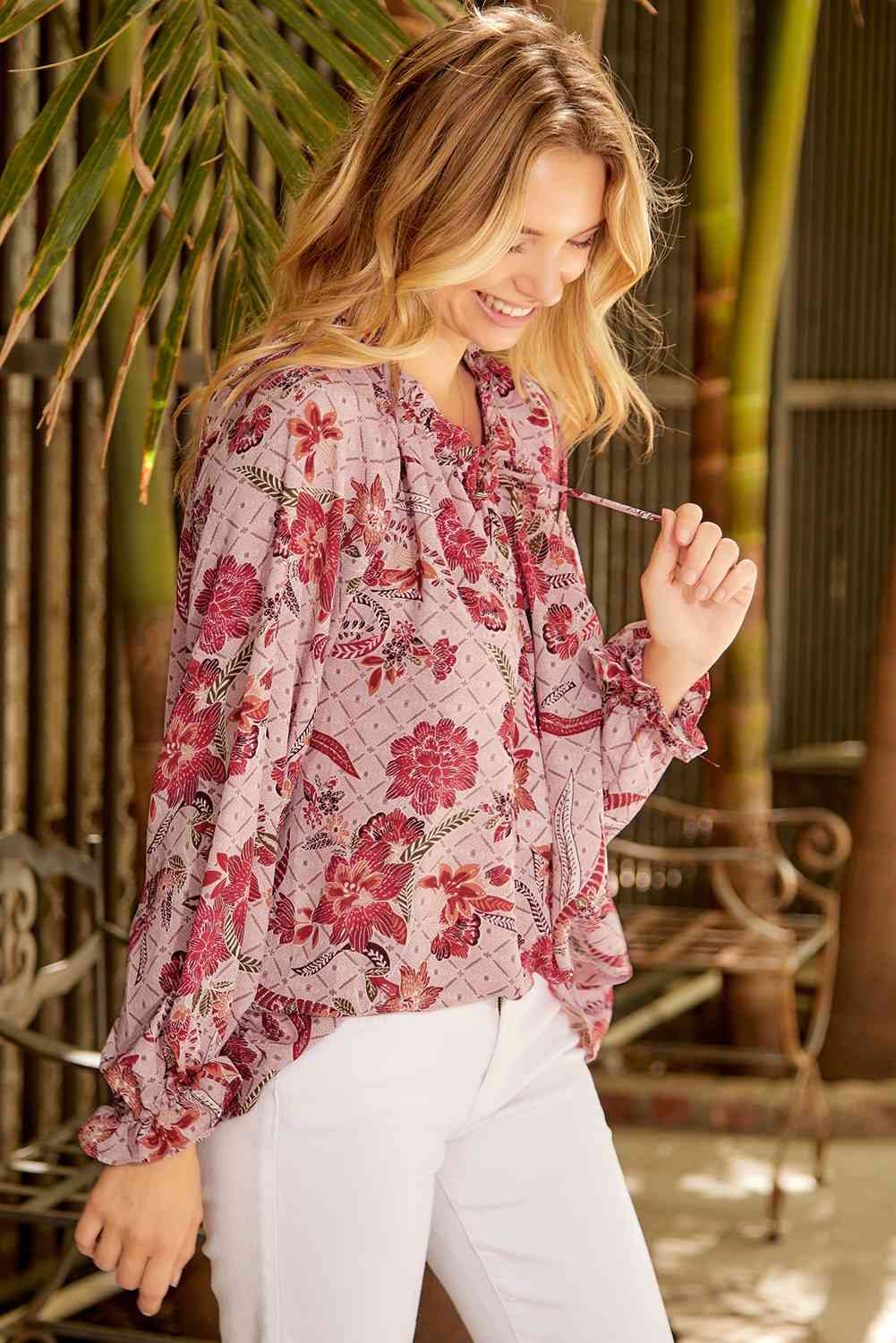 Burke Floral Tie Neck Flounce Sleeve Blouse