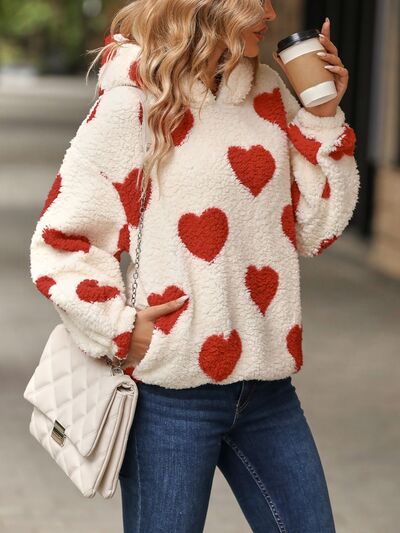 Fuzzy Heart Pocketed Dropped Shoulder Hoodie - 3 colors