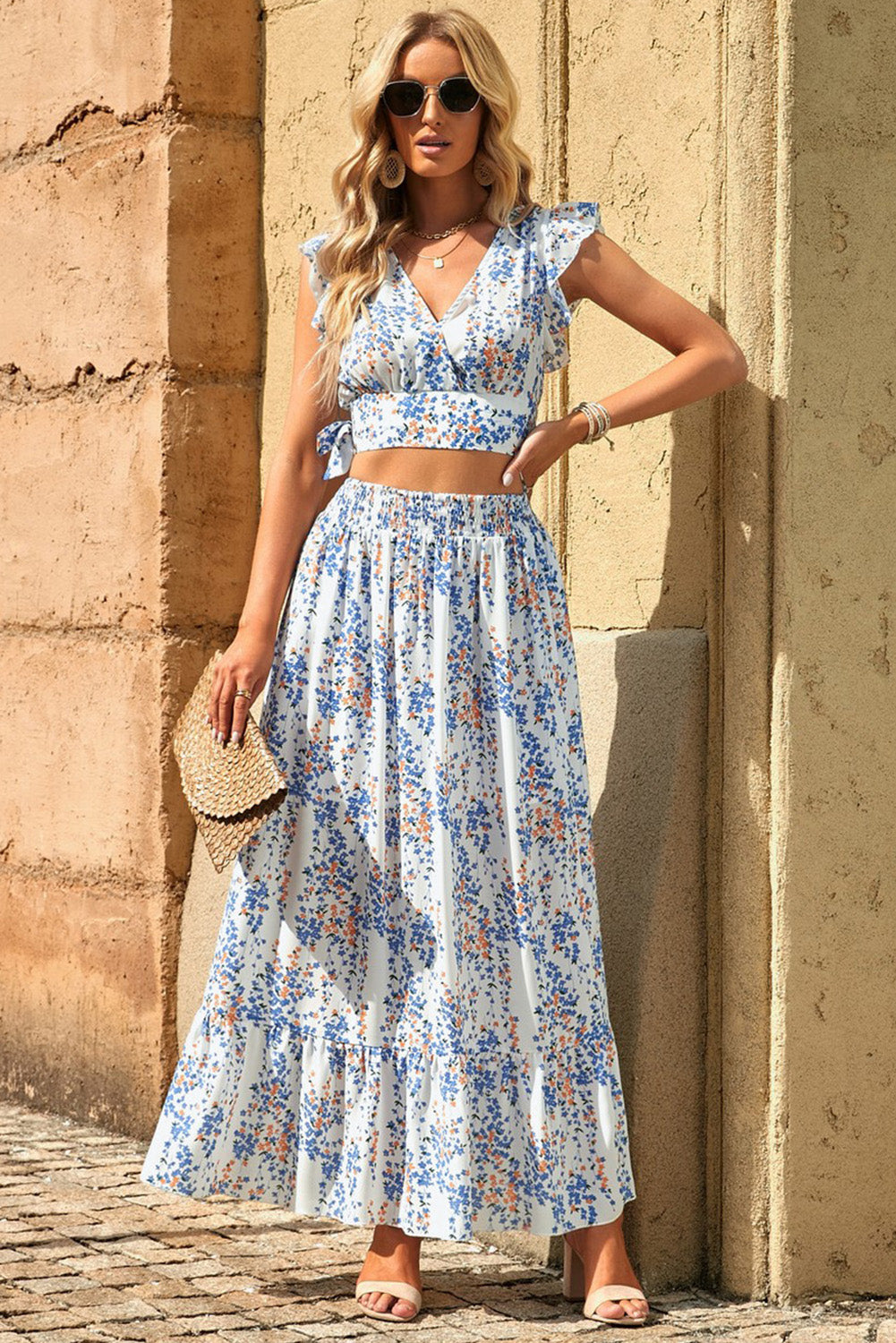 Sai Printed Tie Back Cropped Top and Maxi Skirt Set