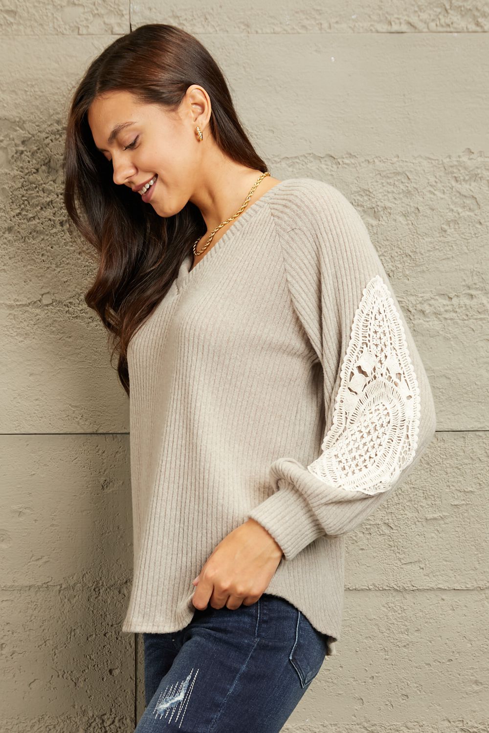 Sew In Love Lace Patch Detail Sweater - beige