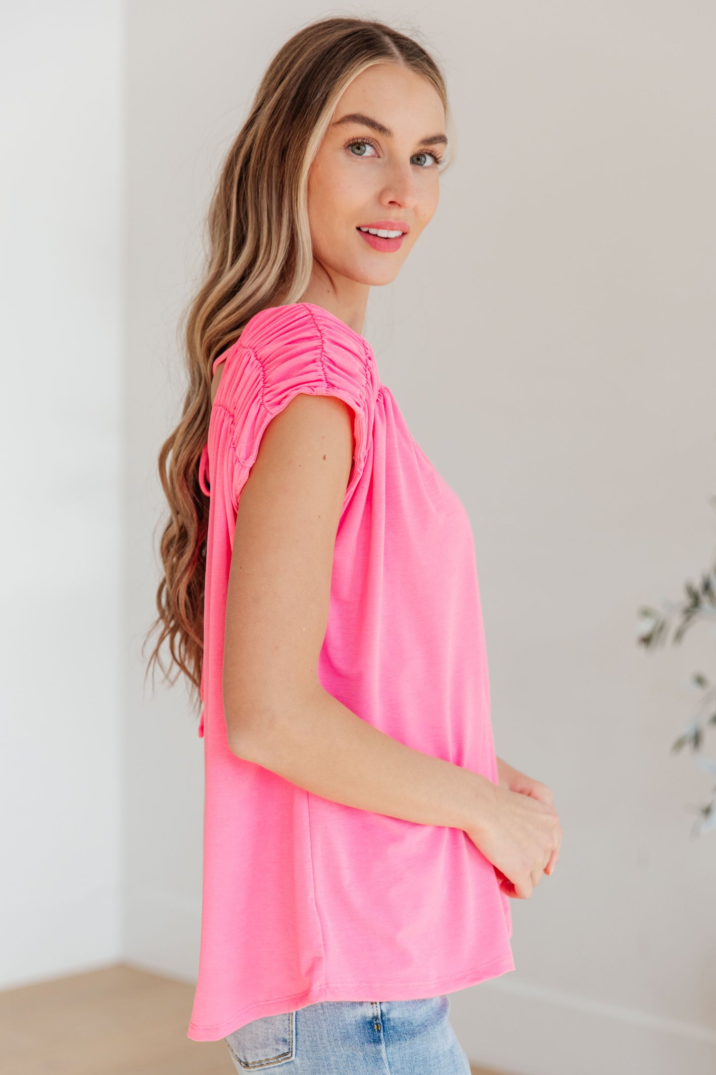 Ruched Cap Sleeve Top in Neon Pink