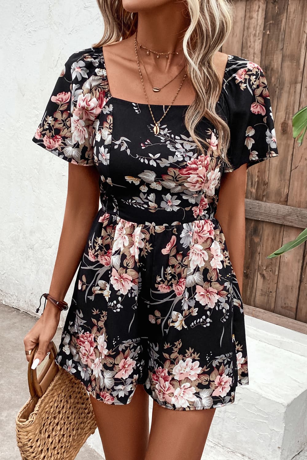 Heather Floral Cutout Tie Back Romper