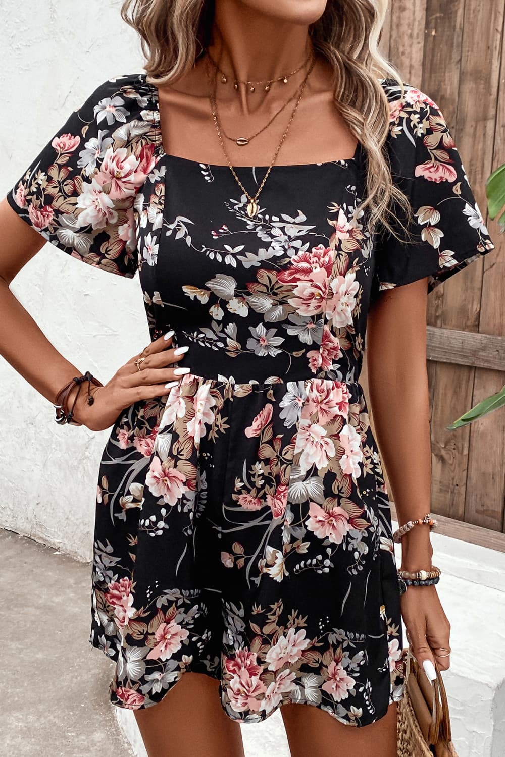 Heather Floral Cutout Tie Back Romper