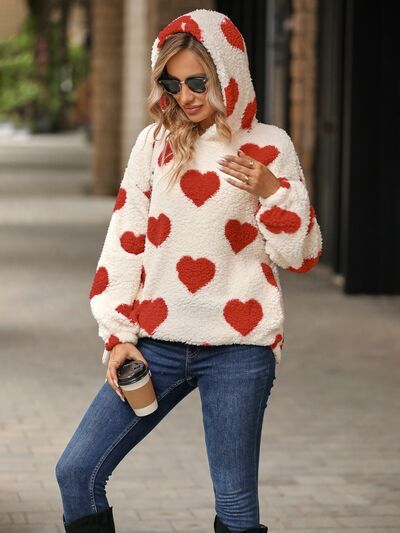 Fuzzy Heart Pocketed Dropped Shoulder Hoodie - 3 colors