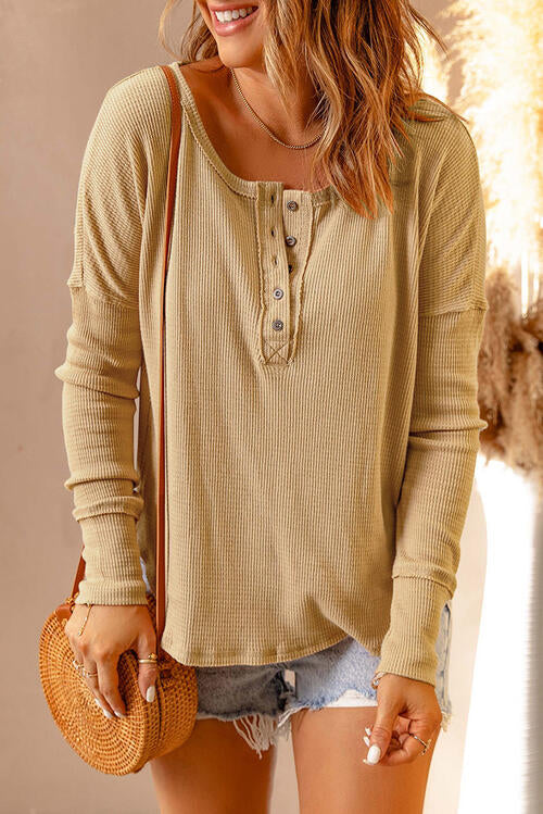 Winnie Waffle Knit Henley Long Sleeve Top