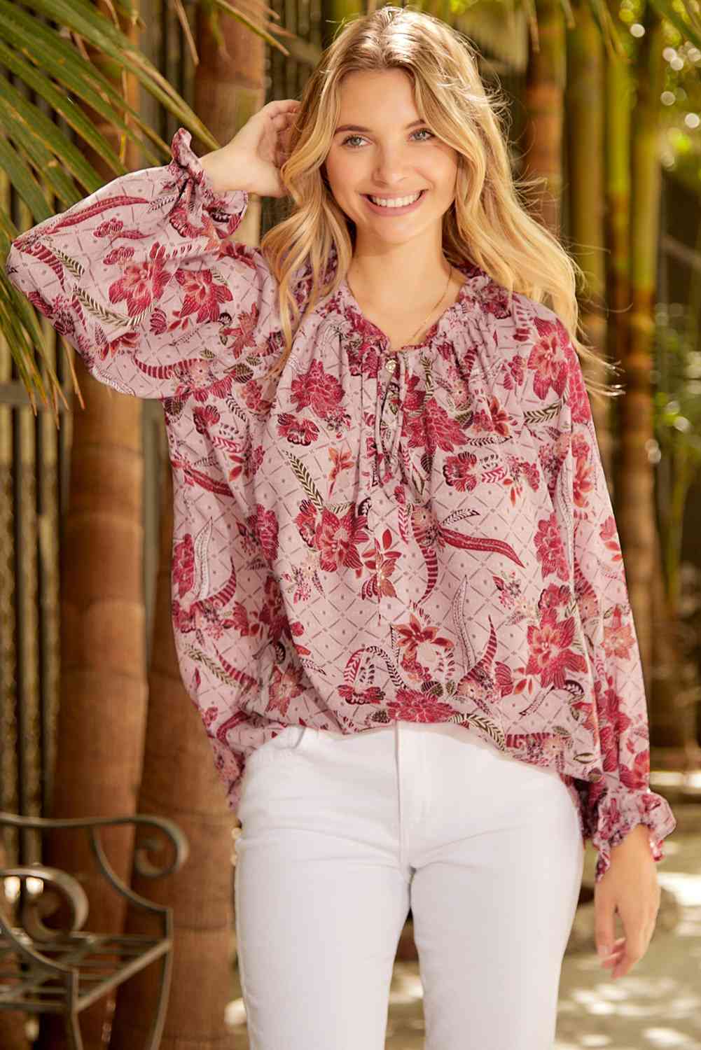 Burke Floral Tie Neck Flounce Sleeve Blouse