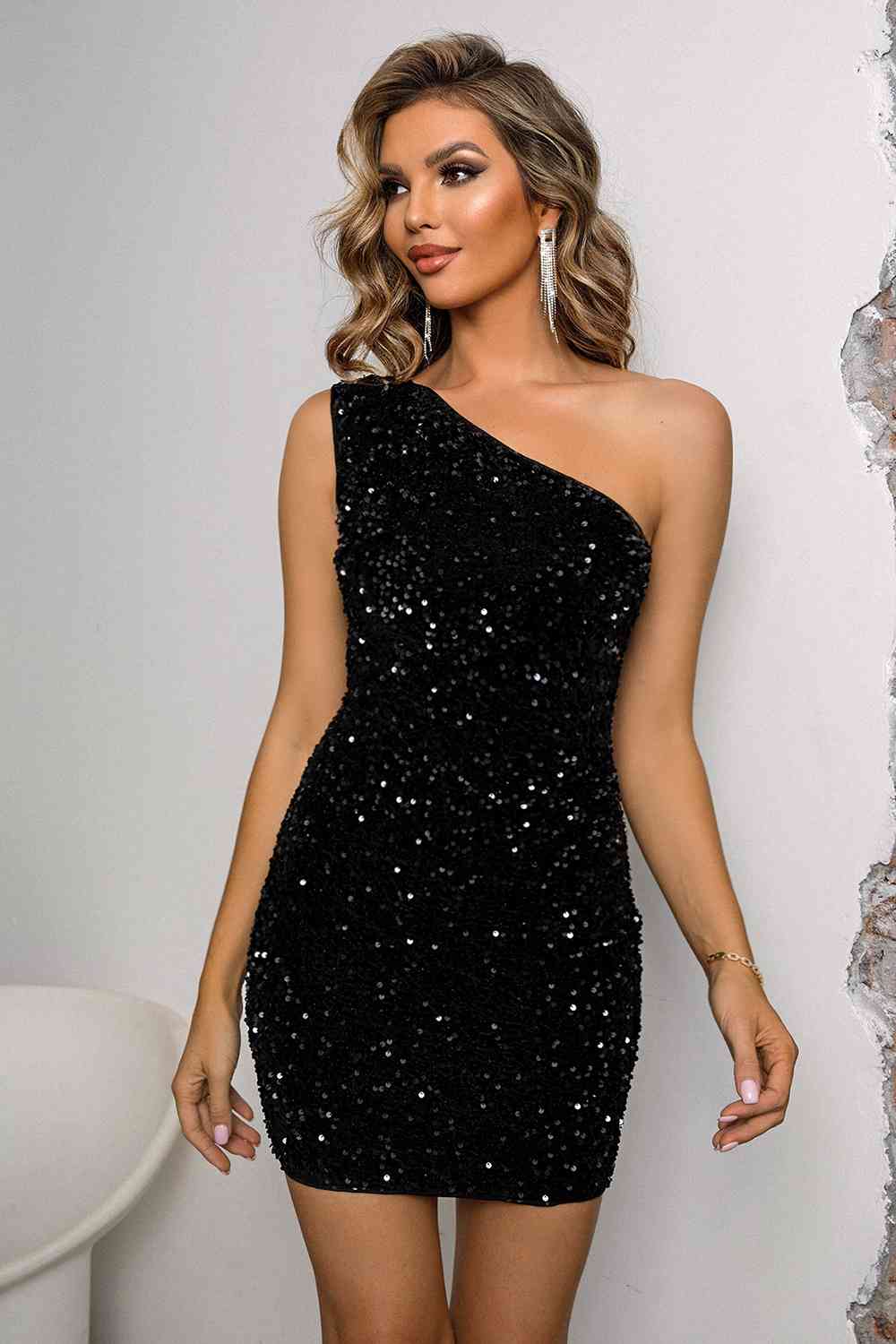 Mariah Sequin Lace-Up One-Shoulder Dress