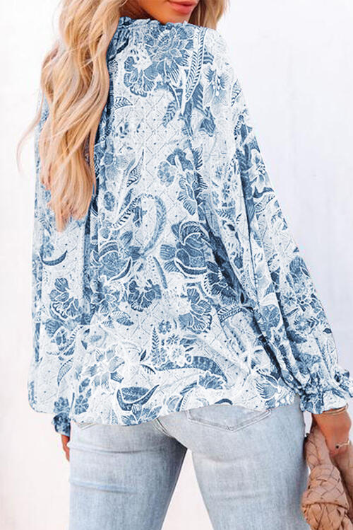 Burke Floral Tie Neck Flounce Sleeve Blouse