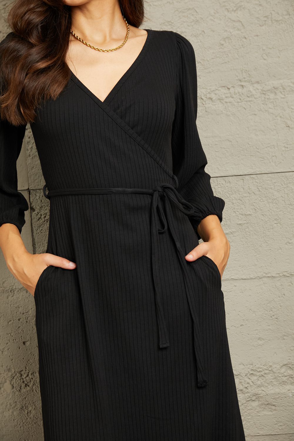 Elly Surplice Flare Ruching Dress- black