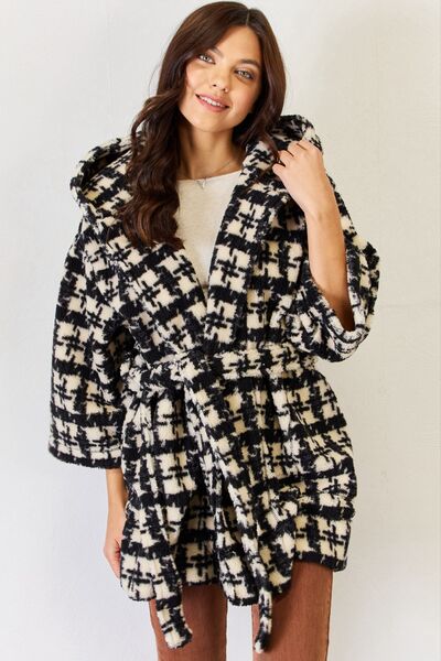 Cassandra Fuzzy Plaid Waist Tie Hooded Robe Cardigan