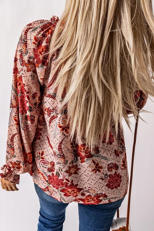 Burke Floral Tie Neck Flounce Sleeve Blouse